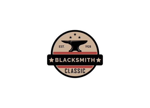 Vintage Hipster Retro Blacksmith Metal Work. Handcraft. Forge Art. Anvil. Iron Works Vector Logo