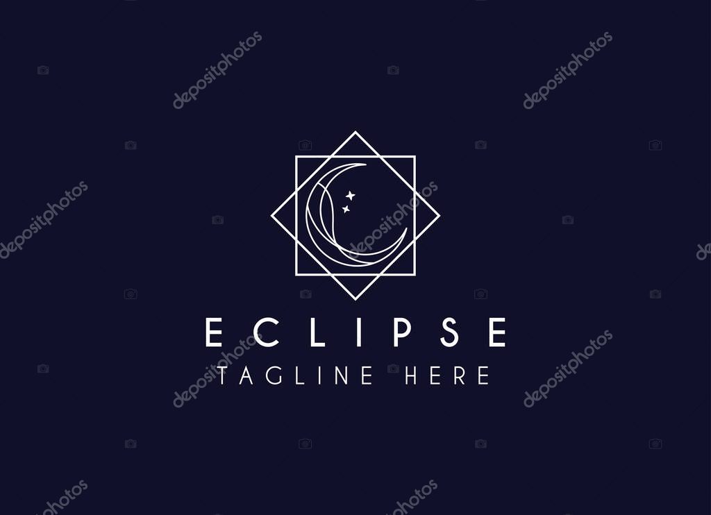 Vector logo a silhouette image of a crescent moon with a star-studded sky