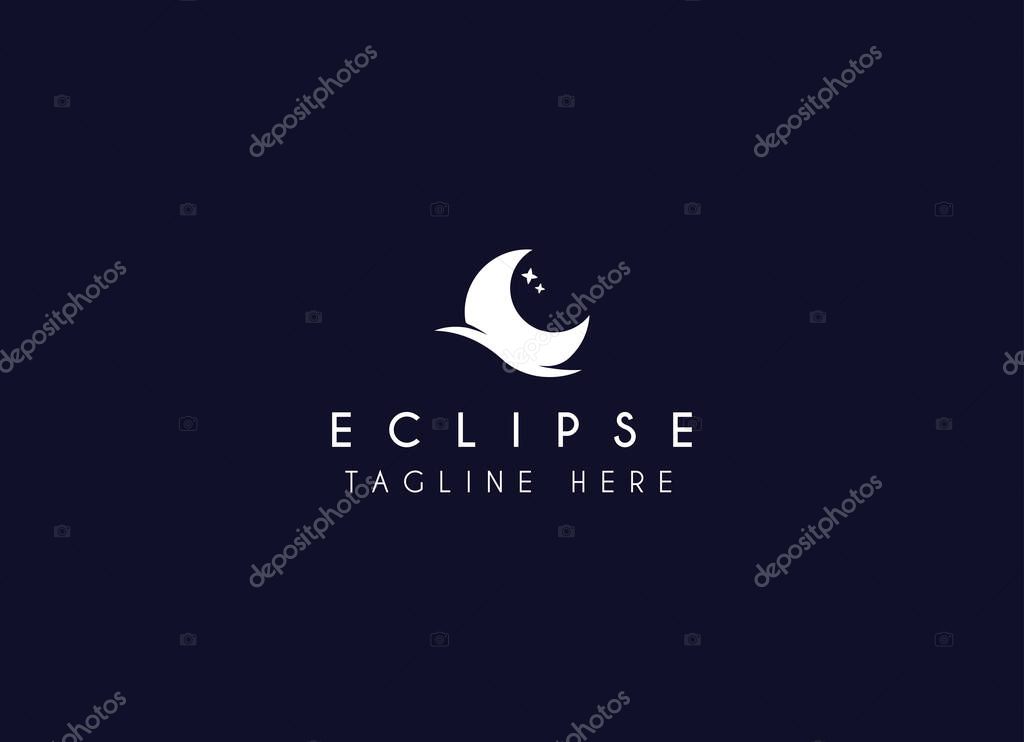 Vector logo a silhouette image of a crescent moon with a star-studded sky