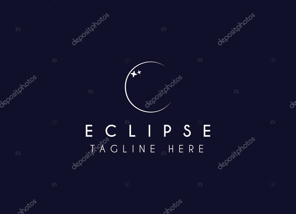 Vector logo a silhouette image of a crescent moon with a star-studded sky