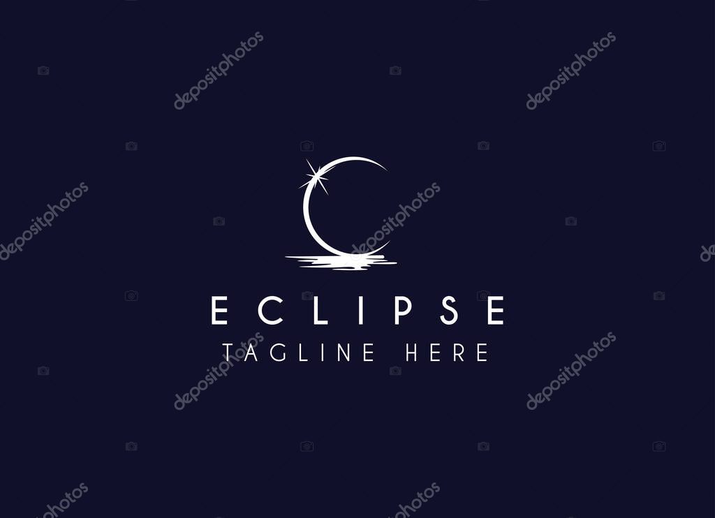 Vector logo a silhouette image of a crescent moon with a star-studded sky