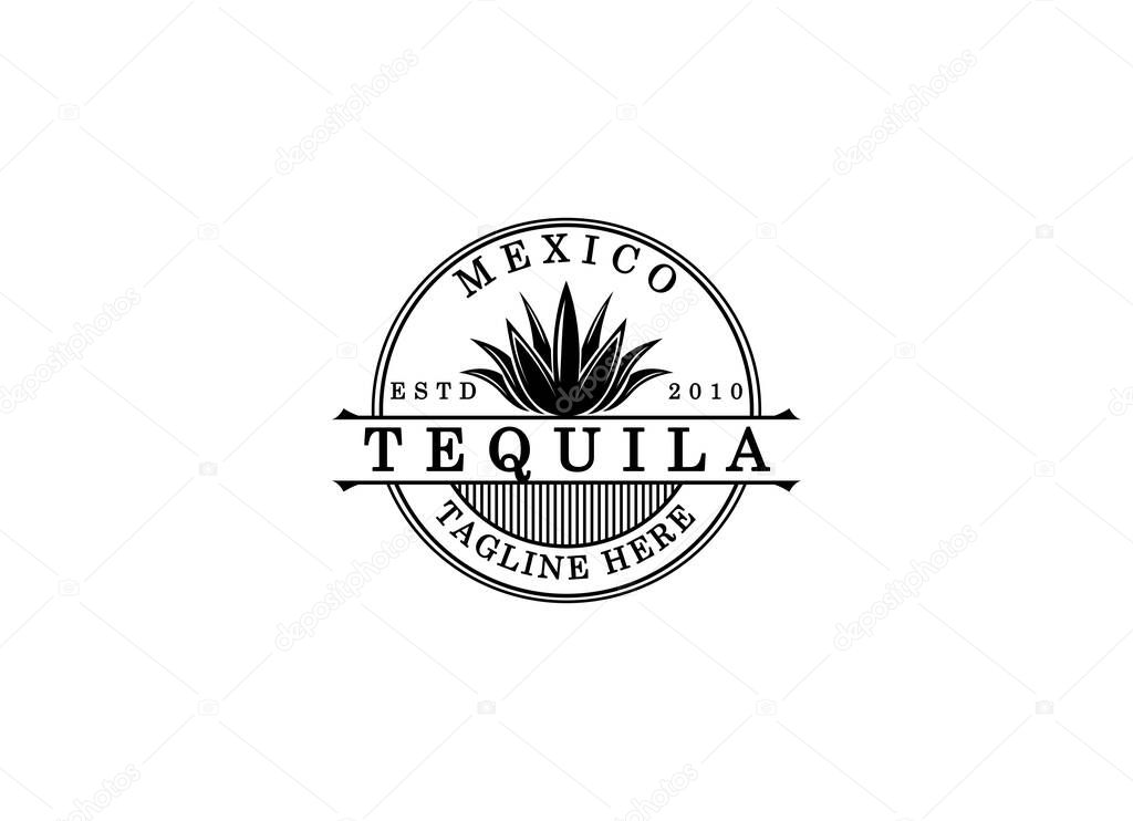 Vector illustration of Mexican Blue Agave Plant for Tequila Drink Vintage Label Logo Design.
