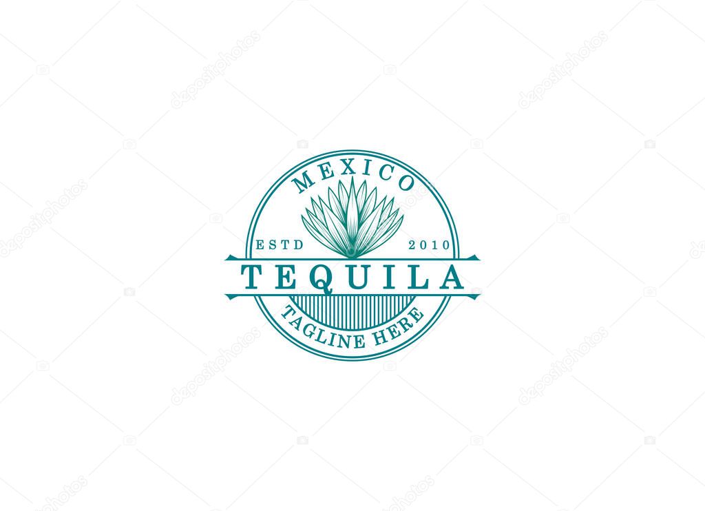Vector illustration of Mexican Blue Agave Plant for Tequila Drink Vintage Label Logo Design.