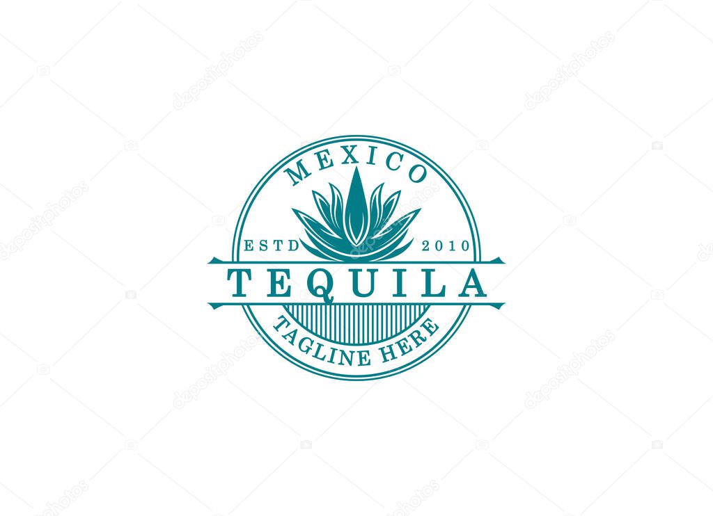 Vector illustration of Mexican Blue Agave Plant for Tequila Drink Vintage Label Logo Design.