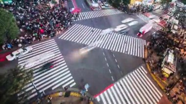 Gece araba trafiğinin aksaması, kalabalık insanlar Shibuya 'da karşıdan karşıya geçiyor. Tokyo turizm merkezi, Japonya turizmi, Asya taşımacılığı veya Asya şehir yaşamı kavramı