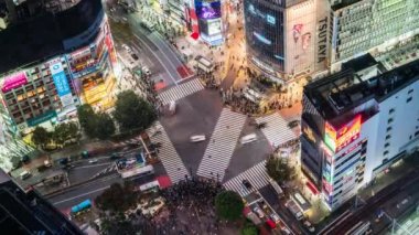 Tokyo, Japonya - 5 Kasım 2019, Shibuya geçidinde kalabalığın yürüdüğü gece trafiği durduruldu. Turizm, Japonya turizmi, Asya taşımacılığı veya Asya şehir yaşamı kavramı