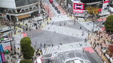 Tokyo, Japonya - 28 Kasım 2022: Araba trafiğinin zaman aşımı, kalabalık Shibuya geçidinde yürüyor. Turizm, Japonya turizmi, Asya taşımacılığı veya Asya şehir yaşamı kavramı
