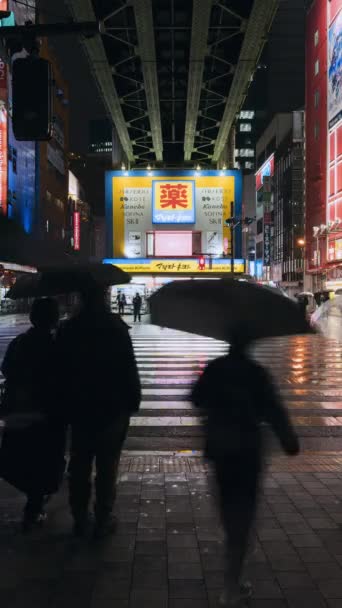 東京都 2022年12月5日 雨の夜の垂直時間経過 人々は横断道路 秋葉原の車の交通輸送を歩く アニメ ゲーム エンターテイメント地区 アジア旅行 アジア観光 — ストック動画