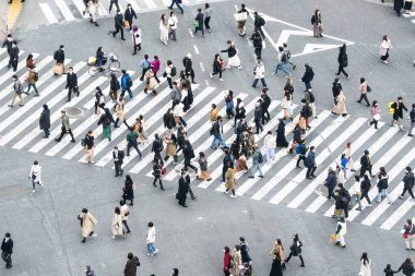 Kalabalık Japon halkı, Asyalı gezgin Shibuya 'dan karşıya geçiyor. Tokyo turistik merkezi, Japonya turizmi, Asya taşımacılığı, banliyö ulaşımı veya şehir hayatı kavramı