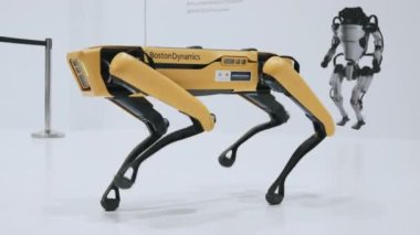 Bangkok, Tayland - 28 Mart 2023: Otomobil Fuarı 'nda Hyundai Boston Dynamics' in dört ayaklı robotunun sunumu. Gelişmiş fütüristik teknoloji, robotik teknoloji endüstrisi fuarı