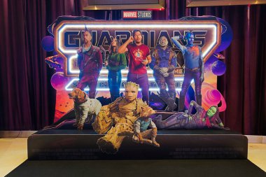Bangkok, Tayland - 22 Nisan 2023: Marvel Studio Guardian of the Galaxy Volume 3 film arkaplanı. MCU Sinematik Evren film reklamı ya da film endüstrisi pazarlaması