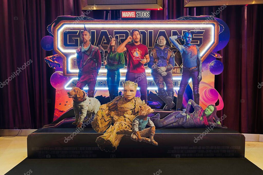 Bangkok, Thailand - Apr 22, 2023: Marvel Studio Guardian of the Galaxy Volume 3 movie backdrop display in Asia movie theatre. MCU Cinematic Universe movies advertisement, or film industry marketing