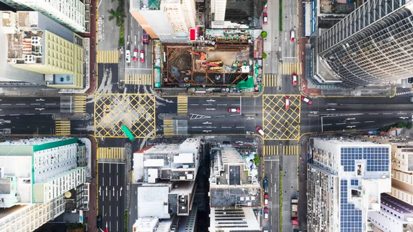 Tráfico Coches Intersección Carreteras Centro Ciudad Hong Kong Vista Aérea — Foto de Stock