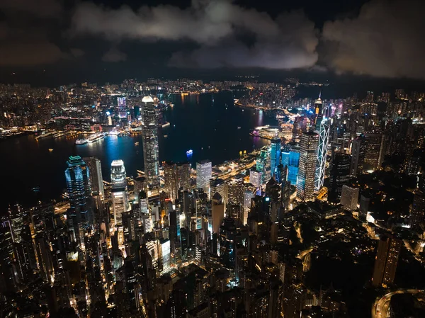 Boven Wolk Stadsgezicht Van Hong Kong Eiland Drone Antenne Nachtzicht — Stockfoto