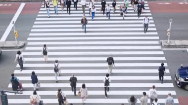 Tokyo, Japonya - 5 Ekim 2023: kalabalık Japon halkı, Asyalı gezgin Zebra Geçidi 'nden karşıya geçiyor. Japon kültürü, Urban yaşam tarzı, Asya ulaşımı, banliyö ulaşımı, şehir hayatı. Yavaş çekim