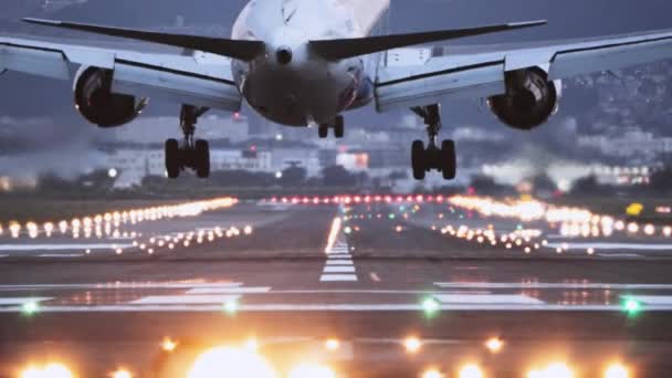 大型商用飛行機が滑走路に着陸し 夜間に無事に着陸した 海外旅行 海外旅行 フライトトランジット 航空輸送 航空会社 輸送業界 — ストック動画