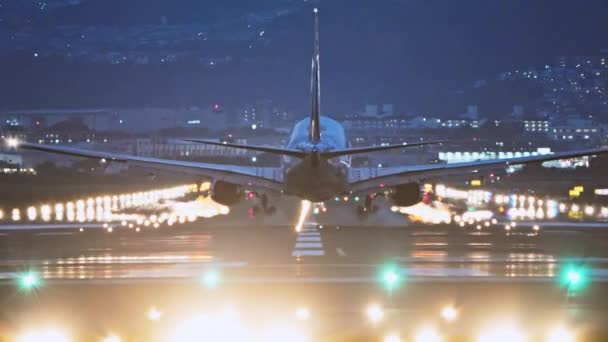 大型商用飛行機が滑走路に着陸し 夜間に無事に着陸した 海外旅行 海外旅行 フライトトランジット 航空輸送 航空会社 輸送業界 — ストック動画