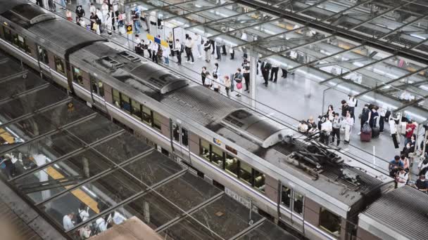 夜間に地下鉄駅に到着する列車を待機する人々の群衆 日本の通勤交通ライフスタイル 日本鉄道輸送システム アジア旅行観光 アジアの都市生活コンセプト — ストック動画