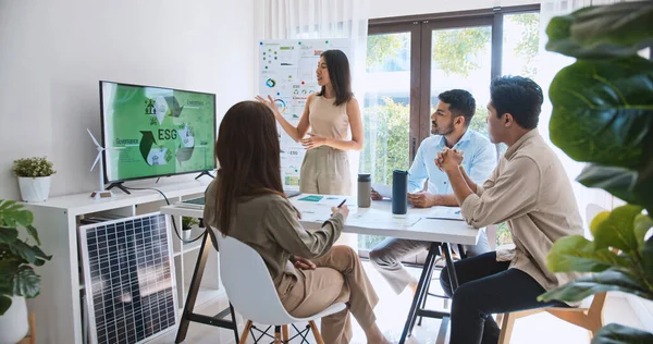 Asian woman lead young group of multiethnic businesspeople in team meeting, using laptop computer for ESG topic presentation on monitor. Sustainable business practice, people work at home concept
