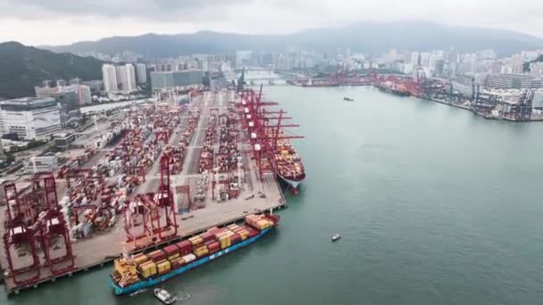 Schiffstransport Containeranlegestelle Kranbeladung Hafen Von Hongkong China Autoverkehr Industriegebiet Drohnen — Stockvideo