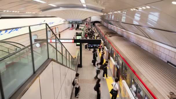 오사카 2023년 26일 지하철역 플랫폼에서 혼잡한 일본인 승객의 타임랩스 라이프 — 비디오