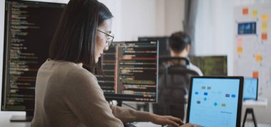 Genç yetişkin Asyalı erkek, kadın yazılım geliştirici masaüstü bilgisayarında kodlama programı. Erkek, kadın evden çalışıyor, uzaktan çalışıyor, serbest programcılık yapıyor, akıllı dijital göçebe yaşam tarzı kavramı.