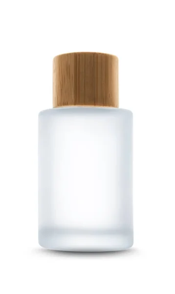 Tomma Glas Transparent Kosmetisk Flaska Med Bambu Cap Isolerad Transparent — Stockfoto