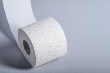 Gri bir yüzeye yerleştirilmiş yumuşak, beyaz bir tuvalet kağıdı rulosu. Hijyen için ideal..