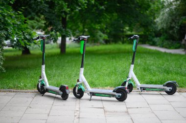 Üç elektrikli scooter, canlı bir şehir ortamında canlı yeşil çimenler ve ağaçlarla çevrili bir kaldırımda yan yana park edilmiştir..