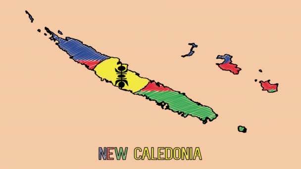 New Caledonia Hand Drawn Chalk Scribble Cartoon Animated Map Flag Лицензионные Стоковые Видеоролики