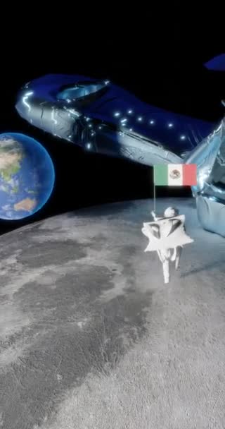 全长的拉丁女子在太空行走登月时展开了墨西哥国旗 飘扬在零重力弧光相机动画全长弧光相机 — 图库视频影像