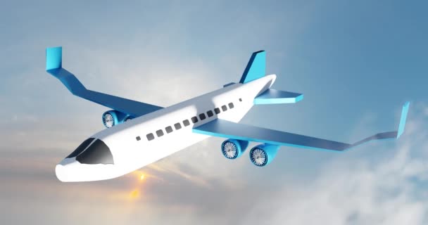 3Dレンダリングアニメーションアークショットカメラの動き垂直方向に続く日没の雲で空を飛ぶ飛行機 — ストック動画