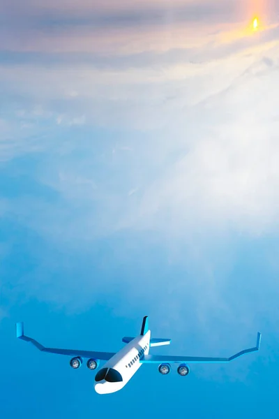 Airplane flying through the air and blue sky at 36,000 feet with wings outstretched