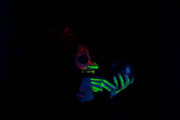 Kiss Death Woman Catrina Makeup Neon Paint Simulate Skull Kisses — Stock Photo, Image