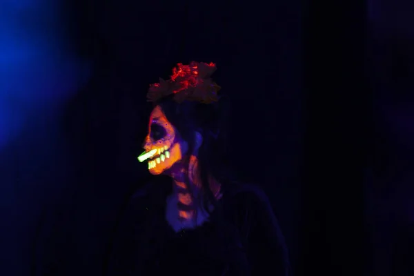 Woman Painted Neon Paint Catrina Costume Day Dead Mexico Celebrate — Stock Photo, Image