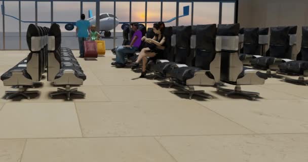 Trojrozměrná Animace Chůze Posádky Kufry Mezinárodním Letišti Cestující Nástupní Brány — Stock video