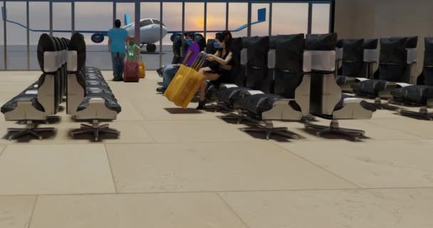 Filho Pai Família Multiétnica Homoparental Desfrutar Pôr Sol Salão Aeroporto — Vídeo de Stock