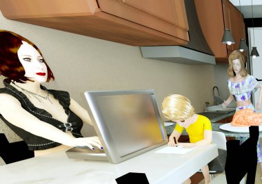 Anne akşam yemeği için hindi keserken, anne mutfakta ve yemek odasında bir araya gelen çok ırklı aile, oğul ev ödevi yapıyor ve eş bilgisayar LGBTQIA yaşam tarzı artı 3D Illustration