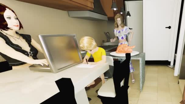多种族家庭聚集在家庭厨房和餐厅 母亲为晚餐切火鸡 儿子在电脑上做家庭作业和妻子类型Lgbtqia骄傲的生活方式 加上3D动画放大镜头 — 图库视频影像