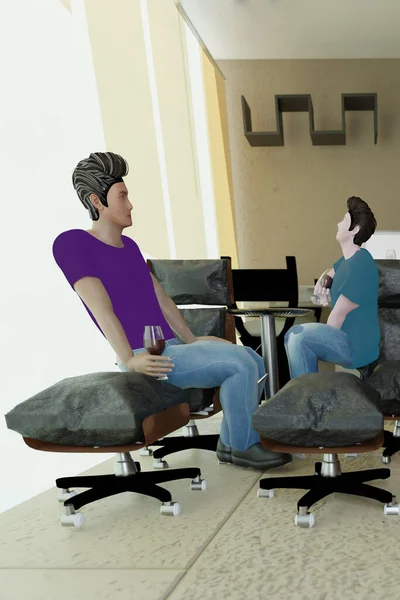 Relationship between gay couple living together drinking red wine, laughing and talking living room at home render  3D
