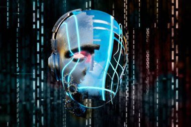 Parça metalik baş robot yapısı insan zekası tarafından programlanan bazı kablolarla siber punk tarzı neon fütüristik teknoloji kurgusu