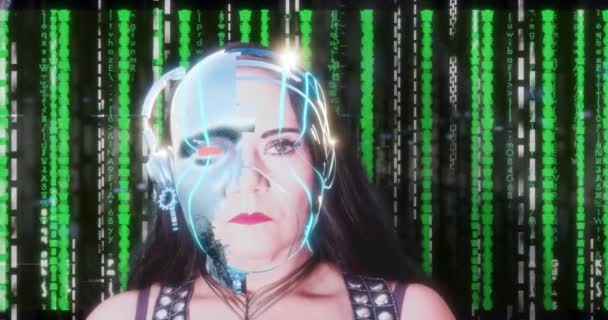 Mulher Meio Humanoide Meio Robô Caucasiana Código Binário Expõe Sua — Vídeo de Stock