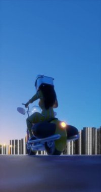 Sarı koruyucu takım elbiseli ve kasklı bir kadın motosikletçi gün batımında batımında bir motosikletle batıdaki otoyolda ilerlerken kameralı animasyon hareketini takip ediyor.