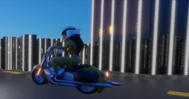 놀이기구 미래의 오토바이 일몰에 서쪽으로 도시를 카메라 움직임 애니메이션을 따르십시오 — 비디오