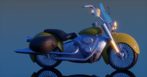 Motocicleta Exposição Rolando Rodas Reflexão Chão Arco Tiro Animação Câmera — Vídeo de Stock