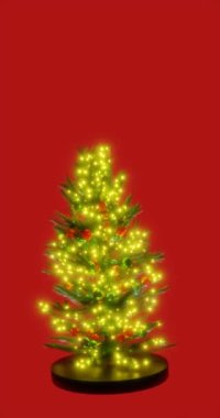 Üç boyutlu bir çam ağacı animasyonu. Noel küreleri ve ışıklarla süslenmiş.