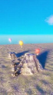 Sıcak hava balonları Teotihuacan Meksika 'da güneşin ve ayın devasa piramidiyle harap olmuş topraklar üzerinde uçuyor, animasyon kavisi kamera hareketini canlandırıyor.