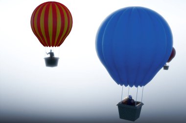 Sıcak hava balonundaki adam ve kadın diğer araçlar ve insanlarla paylaşılan manzaranın tadını çıkarıyorlar.