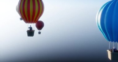 Sıcak hava balonundaki kadın ve erkek diğer araçlar ve insanlarla paylaşılan manzaranın tadını çıkarıyorlar. 3 boyutlu animasyon görüntüleme kamerası.
