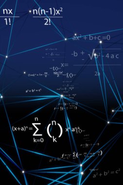 Mavi uzayda yüzen matematiksel formüller ve üç boyutlu uzayda oluşturulan plexus ağı.